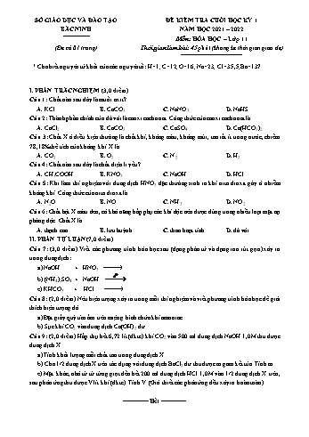 Đề kiểm tra cuối học kì 1 Hóa học Lớp 11 - Năm học 2021-2022 - Sở GD&ĐT Bắc Ninh (Có đáp án)