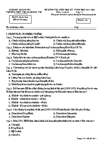 Đề kiểm tra cuối học kì 1 Lịch sử Lớp 11 - Mã đề 101 - Năm học 2021-2022 - Trường THPT Thị xã Quảng Trị