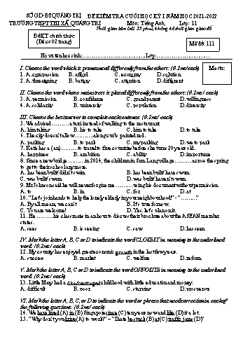 Đề kiểm tra cuối học kì 1 Tiếng Anh Lớp 11 - Mã đề 111 - Năm học 2021-2022 - Trường THPT Thị xã Quảng Trị