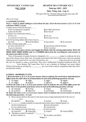 Đề kiểm tra cuối học kì 1 Tiếng Anh Lớp 11 - Năm học 2022-2023 - Sở GD&ĐT Bắc Ninh (Có đáp án)