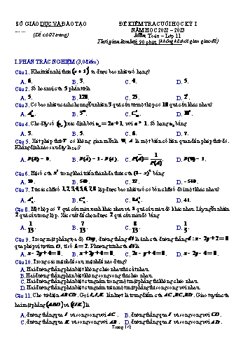 Đề kiểm tra cuối học kì 1 Toán Lớp 11 - Năm học 2022-2023 (Có hướng dẫn chấm)