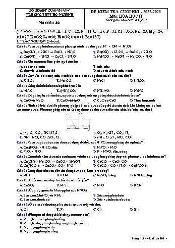 Đề kiểm tra cuối học kỳ 1 Hóa học Lớp 11 - Mã đề 301 - Năm học 2022-2023 - Trường THPT Hồ Nghinh