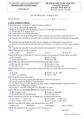 Đề kiểm tra cuối học kỳ 1 Hóa học Lớp 11 - Năm học 2021-2022 - Trường THPT Nguyễn Trân (Có đáp án)