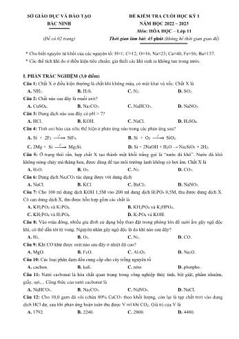 Đề kiểm tra cuối học kỳ 1 Hóa học Lớp 11 - Năm học 2022-2023 - Sở GD&ĐT Bắc Ninh (Có hướng dẫn chấm)
