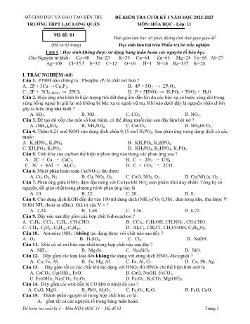 Đề kiểm tra cuối kỳ 1 Hóa học Lớp 11 - Mã đề 01 - Năm học 2022-2023 - Trường THPT Lạc Long Quân (Có đáp án)
