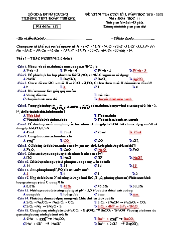 Đề kiểm tra cuối kỳ 1 Hóa học Lớp 11 - Năm học 2021-2022 - Trường THPT Đoàn Thượng (Có đáp án)