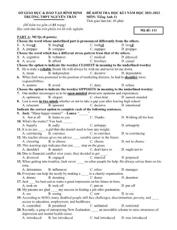 Đề kiểm tra học kì 1 Tiếng Anh Lớp 11 - Mã đề 111 - Năm học 2021-2022 - Trường THPT Nguyễn Trân (Có đáp án)