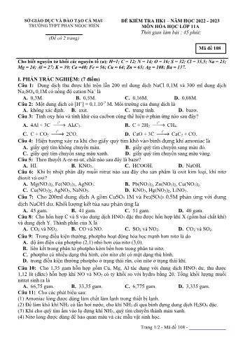 Đề kiểm tra học kỳ 1 Hóa học Lớp 11 - Mã đề 108 - Năm học 2022-2023 - Trường THPT Phan Ngọc Hiển (Có đáp án)