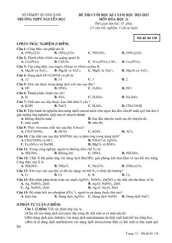 Đề thi cuối học kì 1 Hóa học Lớp 11 - Mã đề 138 - Năm học 2022-2023 - Trường THPT Nguyễn Dục (Có đáp án và biểu điểm)