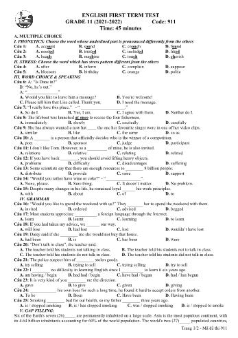 Đề thi cuối học kì 1 Tiếng Anh Lớp 11 - Mã đề 911 - Năm học 2021-2022 - Trường THPT Gia Định (Có đáp án)