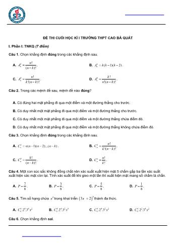 Đề thi cuối học kì 1 Toán Lớp 11 - Trường THPT Cao Bá Quát