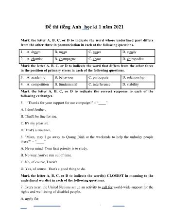 Đề thi giữa học kì 1 Tiếng Anh Lớp 11 - Năm học 2021-2022 (Có đáp án)