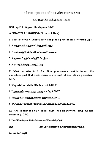 Đề thi học kì 1 môn Tiếng Anh Lớp 11 - Năm học 2022-2023 (Có đáp án)