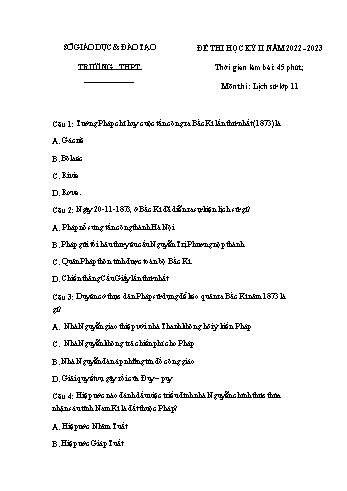Đề thi học kì 2 môn Lịch sử Lớp 11 - Năm học 2022-2023 (Có đáp án)