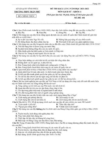 Đề thi khảo sát chất lượng Lịch sử Lớp 11 (Lần 2) - Mã đề 401 - Năm học 2021-2022 - Trường THPT Trần Phú (Có đáp án)