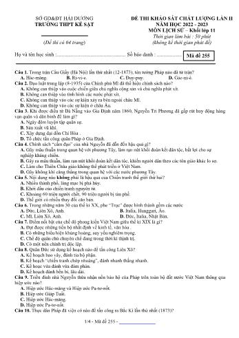Đề thi khảo sát chất lượng Lịch sử Lớp 11 - Mã đề 255 - Năm học 2022-2023 - Trường THPT Kẻ Sặt (Có đáp án)