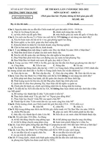 Đề thi khảo sát chất lượng Lịch sử Lớp 11 - Mã đề 401 - Năm học 2021-2022 - Trường THPT Trần Phú (Có đáp án)