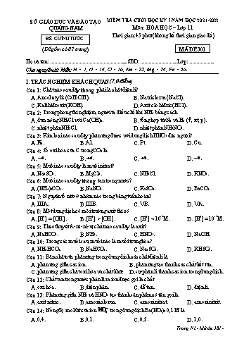 Kiểm tra cuối học kì 1 Hóa học Lớp 11 - Mã đề 301 - Năm học 2021-2022 - Sở GD&ĐT Quảng Nam (Có đáp án)