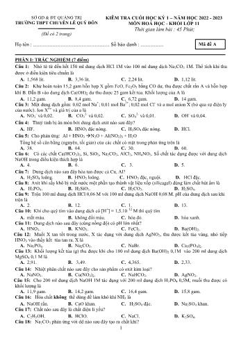 Kiểm tra cuối học kì 1 Hóa học Lớp 11 - Năm học 2022-2023 - Trường THPT chuyên Lê Quý Đôn (Có đáp án)