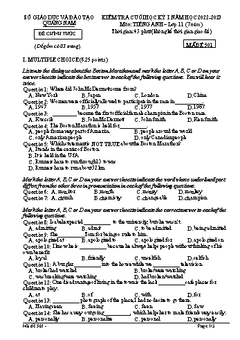 Kiểm tra cuối học kì 1 Tiếng Anh Lớp 11 (Chương trình 7 năm) - Mã đề 501 - Năm học 2022-2023 - Sở GD&ĐT Quảng Nam