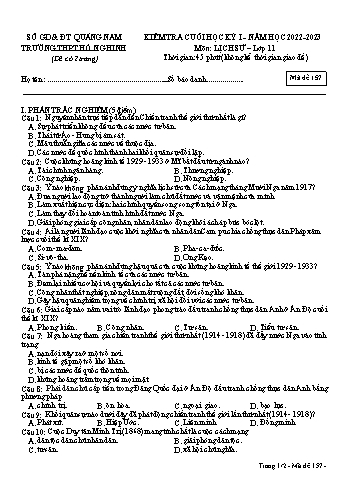 Kiểm tra cuối học kỳ 1 Lịch sử Lớp 11 - Mã đề 157 - Năm học 2022-2023 - Trường THPT Hồ Nghinh