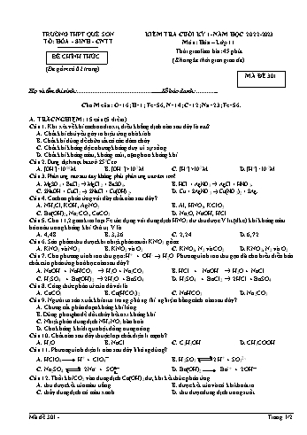 Kiểm tra cuối kì 1 Hóa học Lớp 11 - Mã đề 301 - Năm học 2022-2023 - Trường THPT Quế Sơn