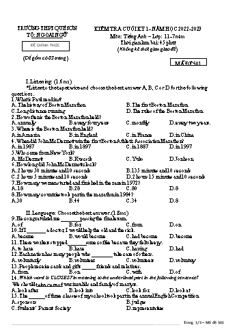 Kiểm tra cuối kì 1 Tiếng Anh Lớp 11 (Chương trình 7 năm) - Mã đề 501 - Năm học 2022-2023 - Trường THPT Quế Sơn