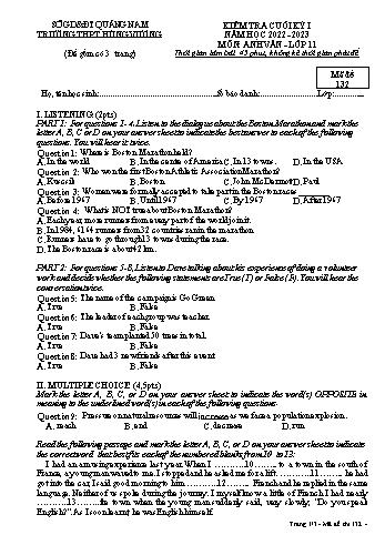 Kiểm tra cuối kì 1 Tiếng Anh Lớp 11 - Mã đề 132 - Năm học 2022-2023 - Trường THPT Hùng Vương