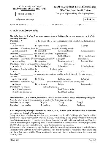 Kiểm tra cuối kì 1 Tiếng Anh Lớp 11 - Mã đề 801 - Năm học 2022-2023 - Trường THPT Lương Thế Vinh (Có đáp án)