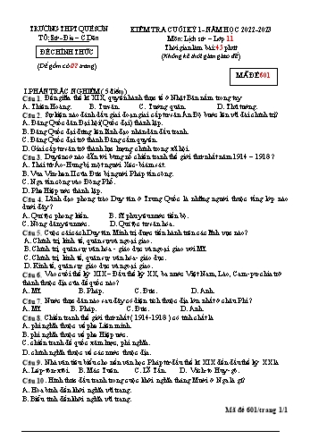 Kiểm tra cuối kỳ 1 Lịch sử Lớp 11 - Mã đề 601 - Năm học 2022-2023 - Trường THPT Quế Sơn