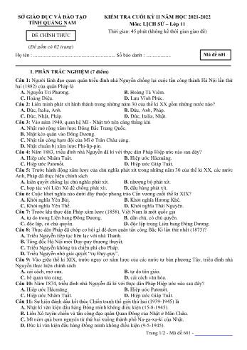 Kiểm tra cuối kỳ 2 Lịch sử Lớp 11 - Mã đề 601 - Năm học 2021-2022 - Sở GD&ĐT Quảng Nam (Có đáp án)