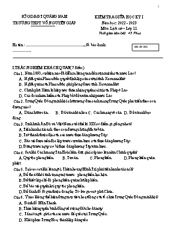 Kiểm tra giữa học kì 1 Lịch sử Lớp 11 - Mã đề 001 - Năm học 2022-2023 - Trường THPT Võ Nguyên Giáp (Có đáp án)