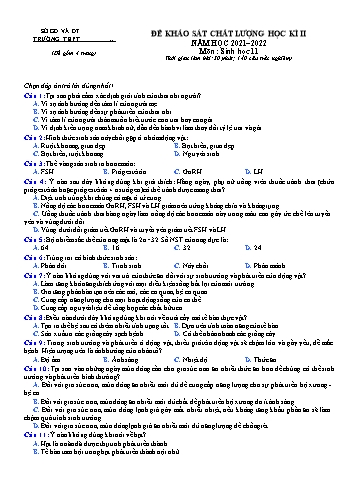 Đề khảo sát chất lượng học kì 2 Sinh học Lớp 11 - Đề 1 - Năm học 2021-2022 (Có đáp án)