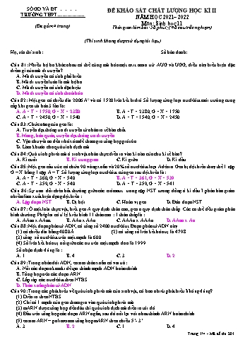 Đề khảo sát chất lượng học kì 2 Sinh học Lớp 11 - Đề 4 - Năm học 2021-2022 (Có đáp án)