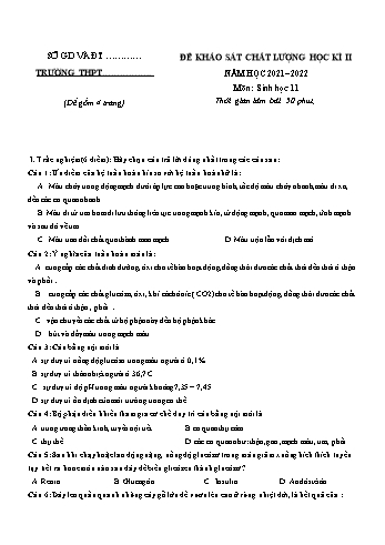 Đề khảo sát chất lượng học kì 2 Sinh học Lớp 11 - Đề 5 - Năm học 2021-2022