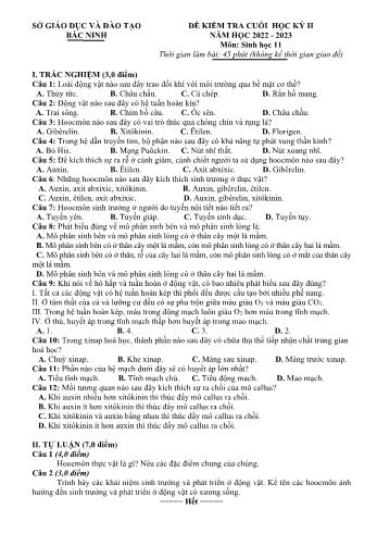 Đề kiểm tra cuối học kì 2 Sinh học Lớp 11 - Năm học 2022-2023 - Sở GD&ĐT Bắc Ninh (Có hướng dẫn chấm)