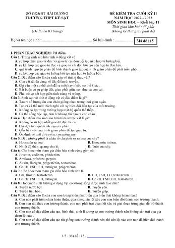 Đề kiểm tra cuối kì 2 Sinh học Lớp 11 - Mã đề 115 - Năm học 2022-2023 - Trường THPT Kẻ Sặt (Có đáp án)
