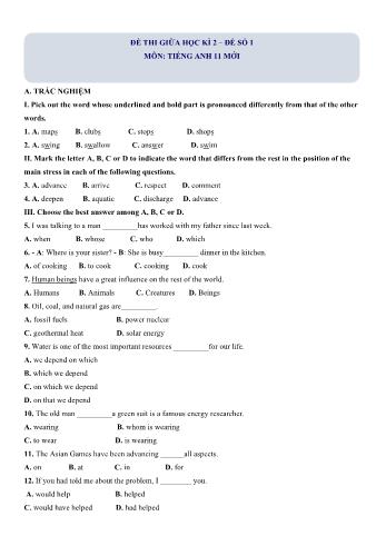 Đề thi giữa học kì 2 Tiếng Anh Lớp 11 (Chương trình mới) - Đề số 1 (Có hướng dẫn giải chi tiết)