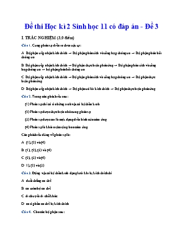 Đề thi học kì 2 môn Sinh học Lớp 11 - Đề 3 (Có đáp án)