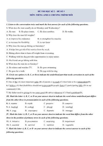 Đề thi học kì 2 Tiếng Anh Lớp 11 (Chương trình mới) - Đề số 3 (Có hướng dẫn giải chi tiết)