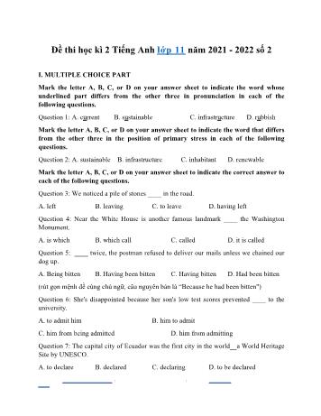 Đề thi học kì 2 Tiếng Anh Lớp 11 - Đề số 2 - Năm học 2021-2022 (Có đáp án)