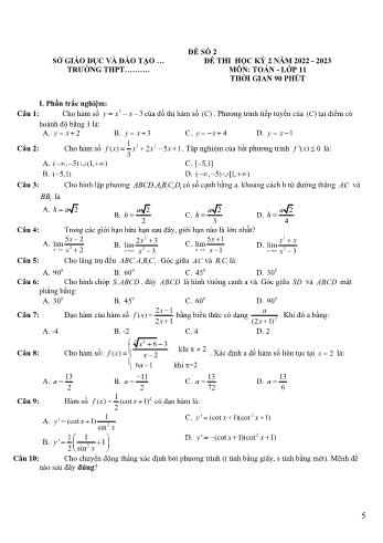 Đề thi học kì 2 Toán Lớp 11 - Đề số 2 - Năm học 2022-2023 (Có đáp án)