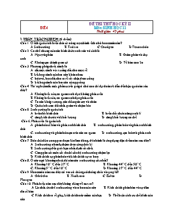 Đề thi thử học kì 2 Sinh học Lớp 11 - Đề 4 (Có đáp án)