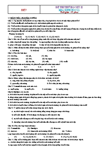 Đề thi thử học kì 2 Sinh học Lớp 11 - Đề 7 (Có đáp án)