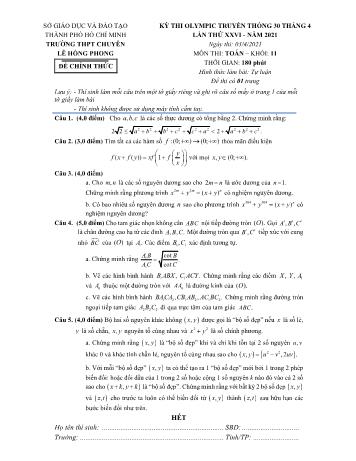 Kỳ thi Olympic Toán truyền thống 30 tháng 4 lần thứ XXVI Lớp 11 - Năm học 2021-2022 - Trường THPT chuyên Lê Hồng Phong (Có đáp án)