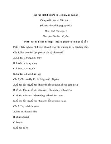 4 Đề khảo sát chất lượng học kì 2 Sinh học Lớp 11 (Có đáp án và hướng dẫn giải)