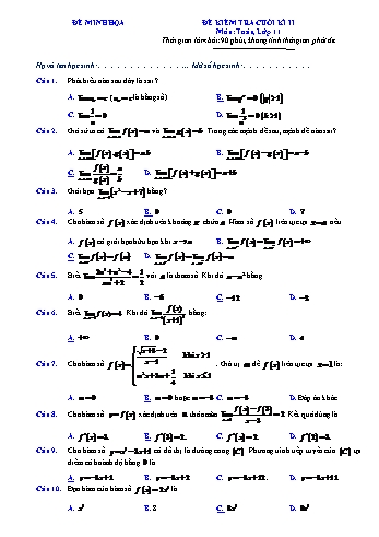 Đề minh họa kiểm tra cuối kì 2 Toán Lớp 11 (Có đáp án)