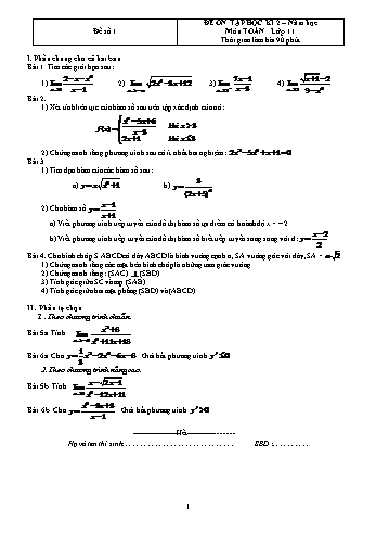 Đề ôn tập học kì 2 Toán Lớp 11 - Đề số 1 (Có đáp án)