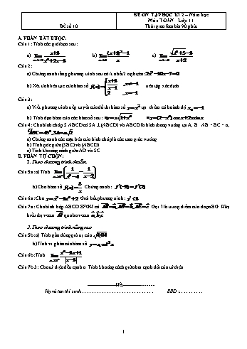 Đề ôn tập học kì 2 Toán Lớp 11 - Đề số 10 (Có đáp án)