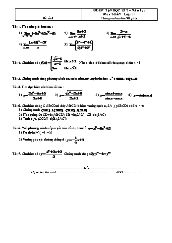 Đề ôn tập học kì 2 Toán Lớp 11 - Đề số 4 (Có đáp án)